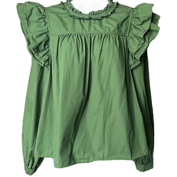 Crown & Ivy Green Ruffle Top Sz L Cottagecore Prairie Victorian 100% Cotton - Picture 4 of 13